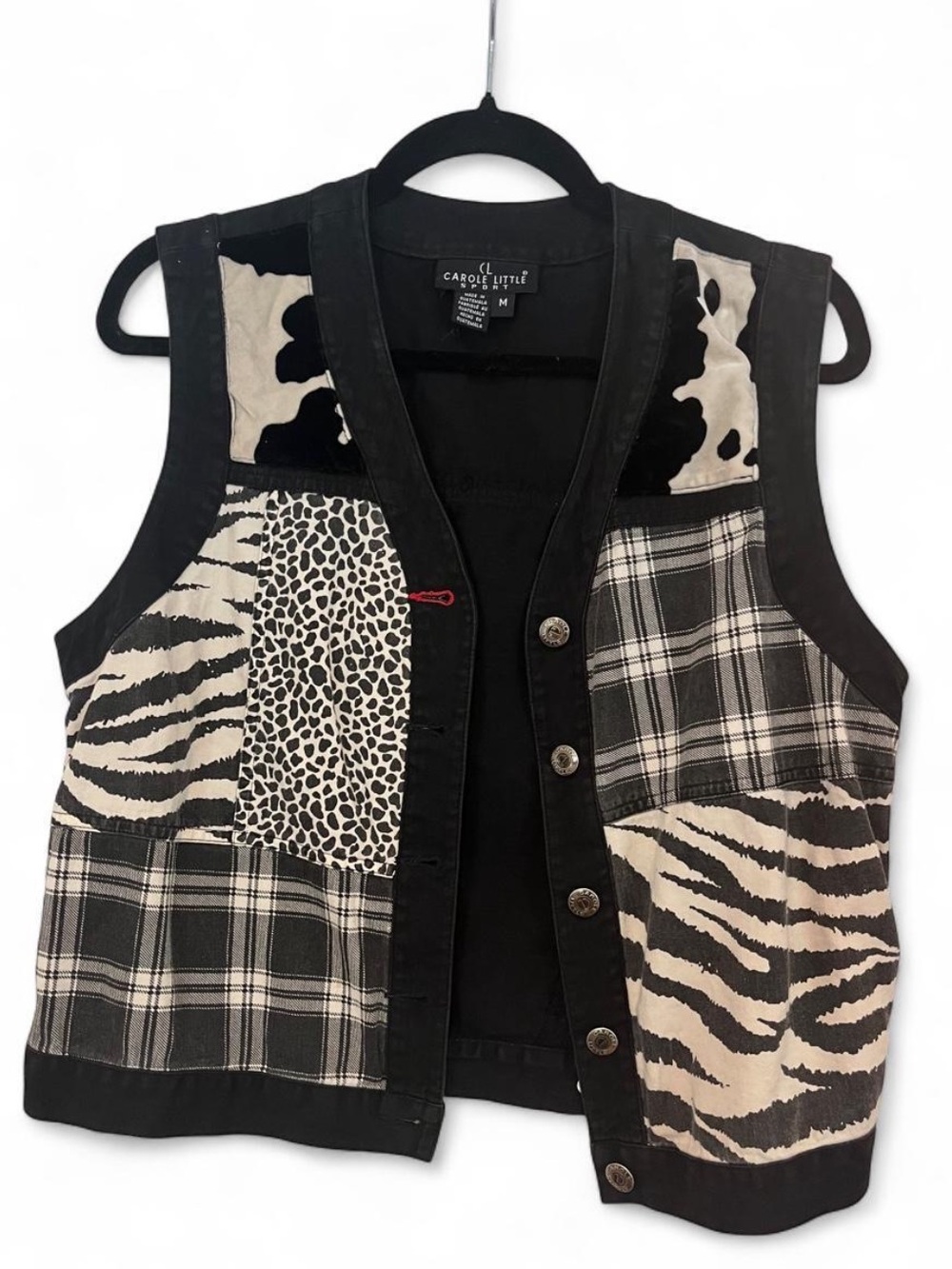 PATCHWORK ANIMAL PRINT VINTAGE BLACK AND WHITE VEST METAL BUTTONS SIZE MEDIUM